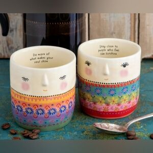 Natural Life NWT Two Colorful Face Design Ceramic Mugs Icludes FREE HAPPY BAG!!